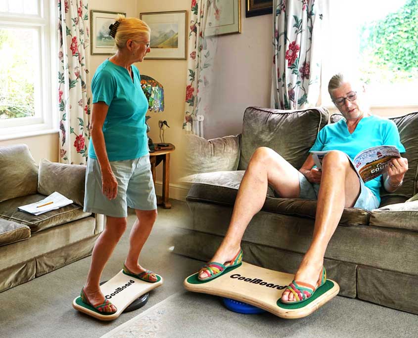 image of elderly lady using coolboard balance board while standing and sitting