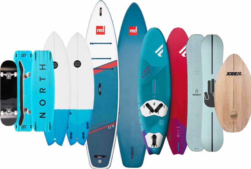 image showing boards for many board sports - skateboard, kitesurf, surf, SUP, windsurf, snowboard and skimboard