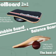 CoolBoard-InfoGraphic01-2in1-balance-board Infographic showing that CoolBoard 2in1 is both a balance board and a wobble board, and how starting on the Easy Start Disc is great practice for progressing onto the Ball