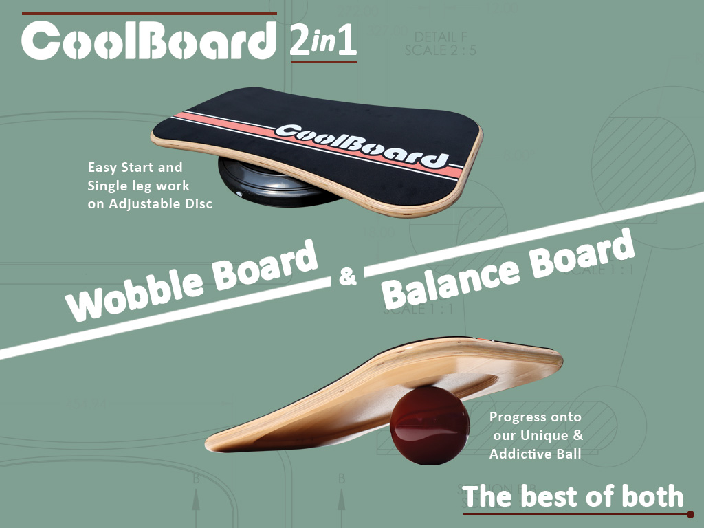 Infographic showing that CoolBoard 2in1 is both a balance board and a wobble board, and how starting on the Easy Start Disc is great practice for progressing onto the Ball