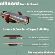 Infographic showing the movement and adjustability of CoolBoard wobble board and how it is suitable for all ages and abilities