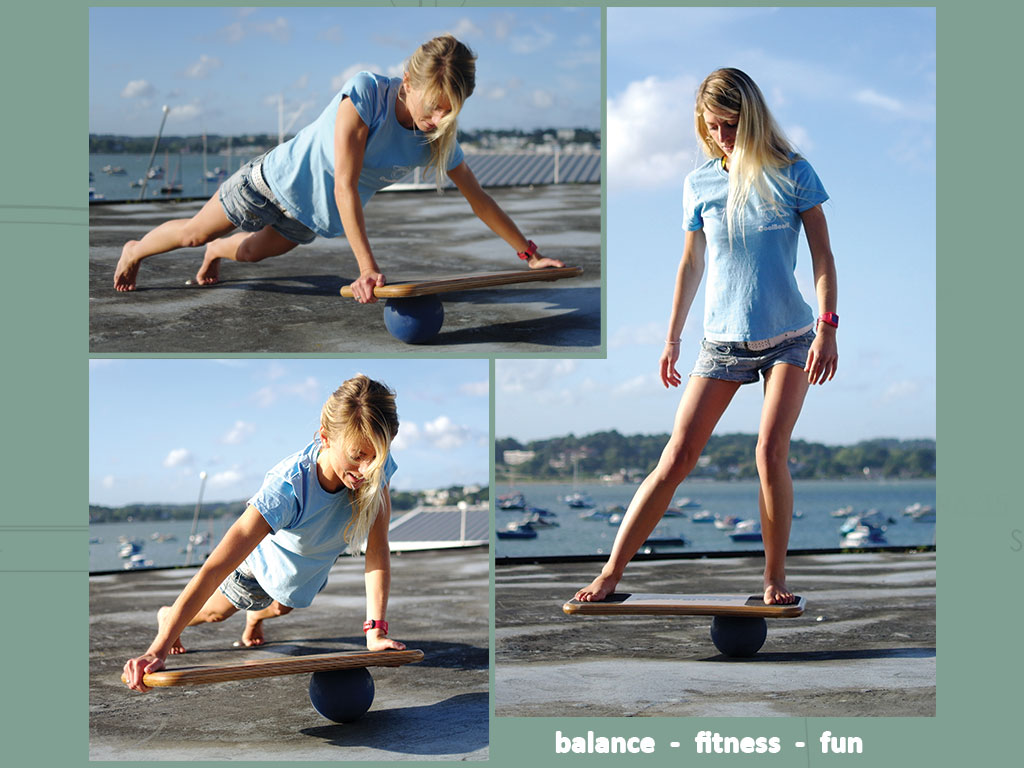 Images showing an athletic surfer using her CoolBoard balance board in various ways, including balancing and doing exercises